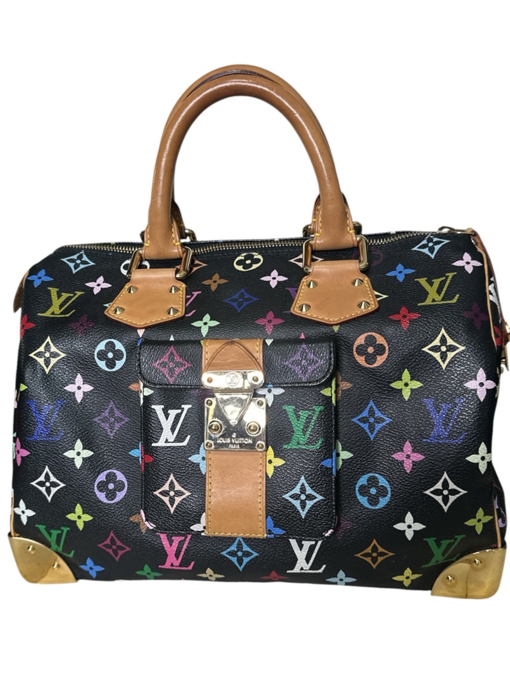 Louis Vuitton Black Multicolor Monogram Satchel with Tan Handles